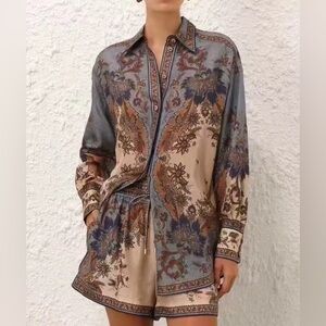 Zimmermann Printed Long-Sleeve Shirt + Drawstring Shorts with Elastic Waistband